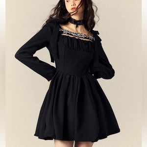NEW Long Sleeve Embellished Black Beaded Gem Dress Cutout Party Bow Small S